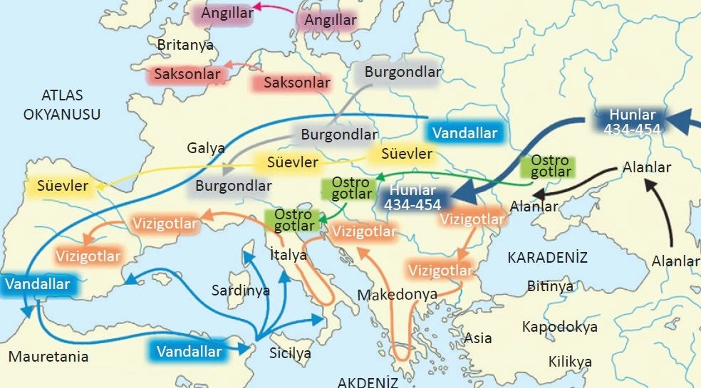Kavimler Göçü'nü anlatan bir harita